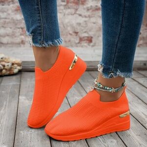 Orange Knit Slip-On Sneakers | Women’s Size 39 US 8 | Platform Comfort Shoes
